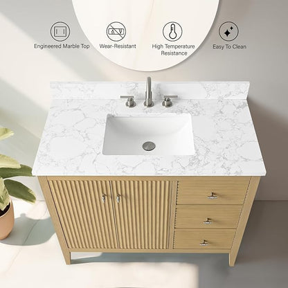 Vanity Art 42 inch Bathroom Vanity with Single Sink & Ceramic Top, Vanity Cabinet with Soft-Closing Door, Solid Wood Frame, Linear Pattern, Natural Oak, Golden Brushed Handware VA9142-NO-GB