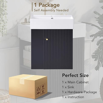 Merax 20 Bathroom Vanity Sink Combo, Wall Mounted Cabinet Sink Set with Ceramic Basin for Small Space, Undermount Sink Cabinet, Black