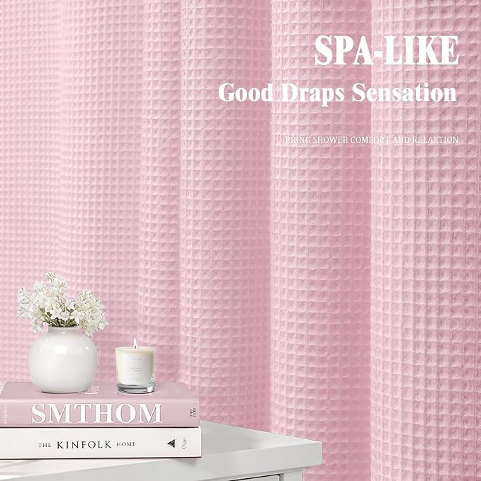 Pink Waffle Weave Shower Curtain - Cotton Fabric Texture Heavyweight Shower Curtain for Bathroom,Washable,72Wx72L