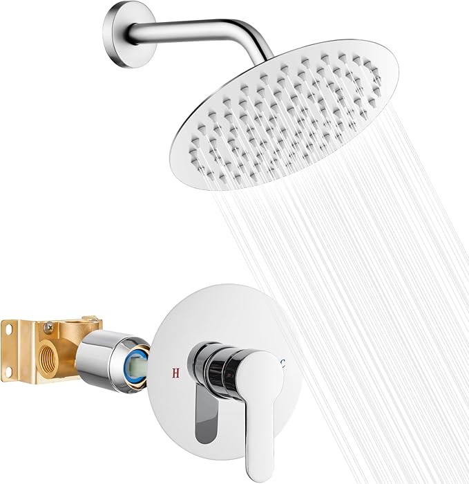 Heyalan 8-Inch Round Rain Shower Faucet Set with Valve,Polished Chrome | SUS304 stainless steel shower head, brass rough-in valve, single-handle control, 1.8 GPM, ideal for bathroom remodels