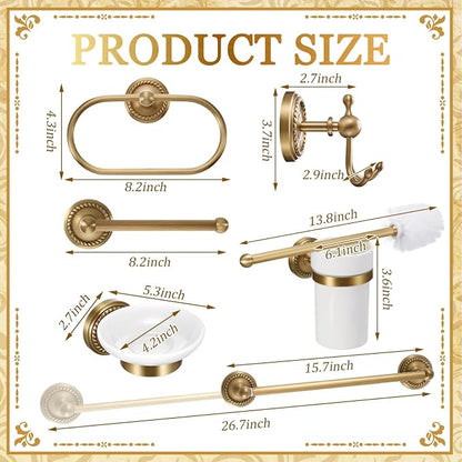 6 Pcs Antique Brass Gold Bathroom Hardware Set, Adjustable Towel Bar Holder (15.7-26.7 Inch), Toilet Paper Holder, Robe Hook, Toilet Brush & Soap Dish, Vintage Wall Mounted Accessories