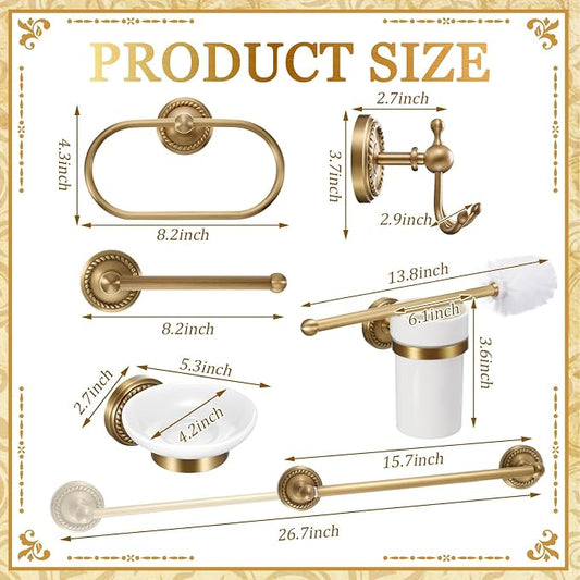 6 Pcs Antique Brass Gold Bathroom Hardware Set, Adjustable Towel Bar Holder (15.7-26.7 Inch), Toilet Paper Holder, Robe Hook, Toilet Brush & Soap Dish, Vintage Wall Mounted Accessories