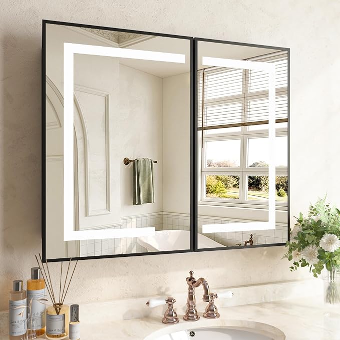 36 x 30 Inch LED Medicine Cabinet with Mirror, Recessed or Surface Mount, Soft Close Hinges, Adjustable Shelves, Black