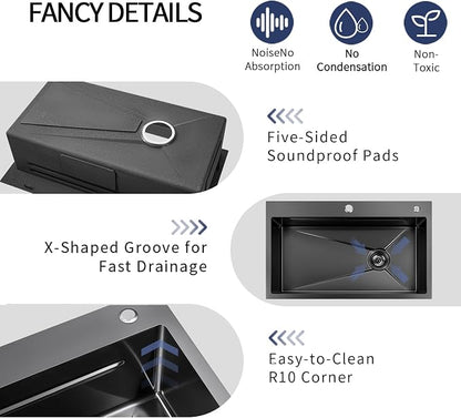 Black Kitchen Sink 30 Inch Gunmetal Black Drop In Kitchen Sink with Faucet Combo Modern Workstation Stainless Steel Sink Top Mount Single Bowl Farmhouse Kitchen Sinks
