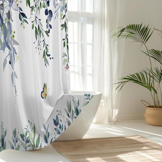 No Hook Shower Curtain and Liner Set, Green Eucalyptus 71x84 | Floral Design, with Snap in Liner, See-Through Top Window, Waterproof, Machine Washable, Quick-Drying, for Hotel Bathroom