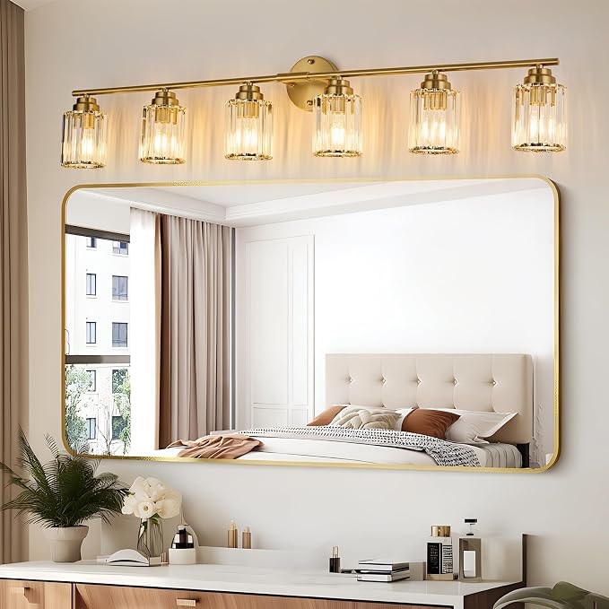 Modern 45.7" Crystal Vanity Light, 6 Light Bathroom Light Fixtures, Gold Vanity Light with Clear Crystal Shades, E26 Base Wall Sconces Vanity Lights for Bathroom Powder Room