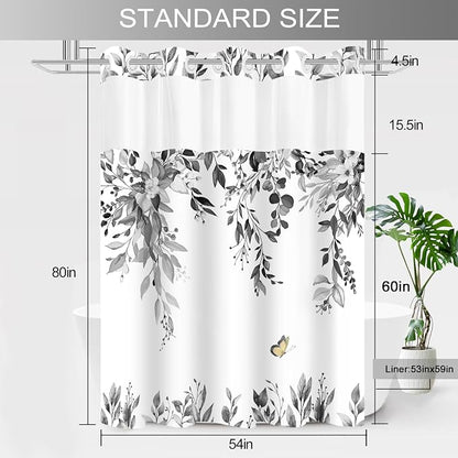 No Hook Shower Curtain and Liner Set, Grey Eucalyptus 54x80 | Floral Design, with Snap in Liner, See-Through Top Window, Waterproof, Machine Washable, Quick-Drying, for Hotel Bathroom