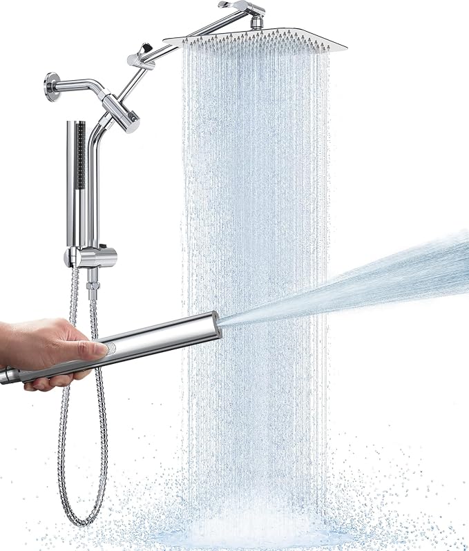Veken 10" Luxurious Rain Shower Head with Handheld, High Pressure Rainfall Shower Heads wih Extension Arm, Wide Dual Showerhead with Spray Combo, Bathroom Accessories, Chrome, Silver