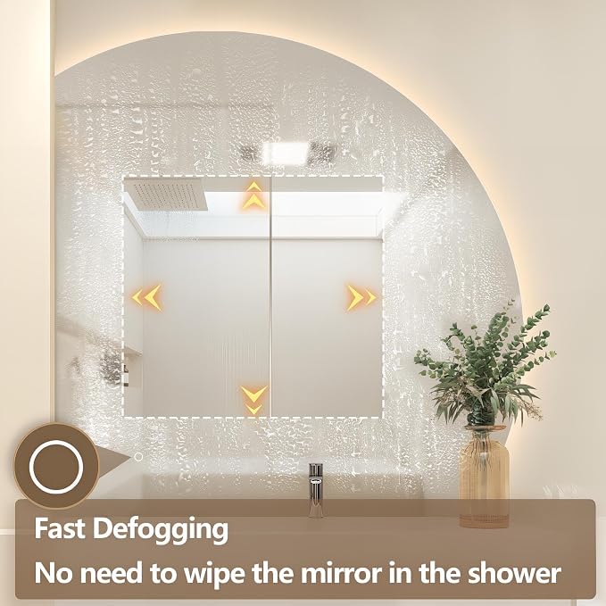 44" Half Moon LED Bathroom Mirror, Backlit Wall Mirror with Lights | Frameless Vanity Mirror with 3 Color Dimmable, Anti Fog, HD Shatter-Proof, IP65 Waterproof, Memory, CRI95+, Right/Left Cut