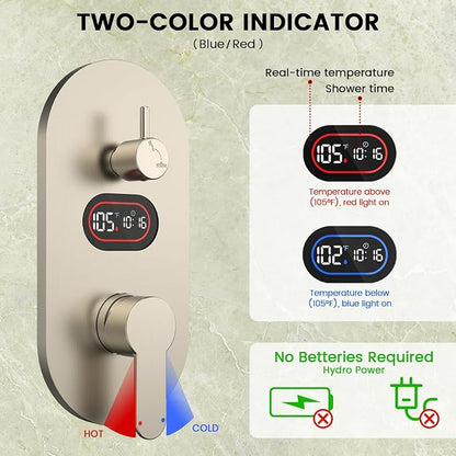 Longriver Round Shower Faucet Set with Hydro Power Temperature Display | Shower System 12" Shower Head with Handheld Spray, Wall Mounted Shower Fixtures with Shower Valve and Trim Kit-Brushed Nickel