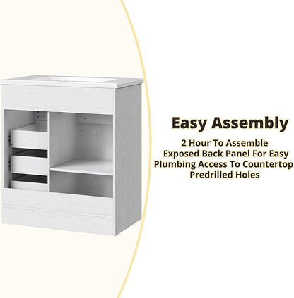 IRONCK 30" Bathroom Vanity with Sink, Farmhouse Bathroom Sink Cabinet with Flip Drawer & Sliding Barn Door, Freestanding Bathroom Vanities with Metal Handles, Paper Towel Holder,White