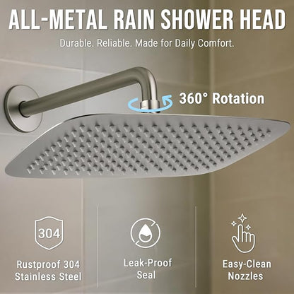 G-Promise All Metal 12 Inch Large Rain Shower Head for Ceiling or Wall | Built to Last, Rust Resistant 304 Stainless Steel, Easy to Install, Full Body Coverage Rainfall Shower Head, Daily SPA