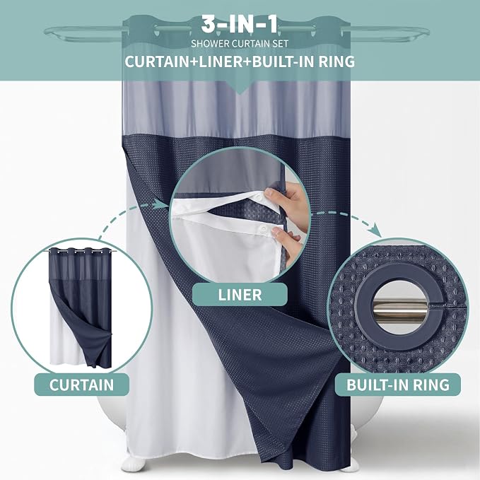 eachope No Hook Waffle Shower Curtain with Snap-in Liner, 54x80 Inch, Navy | 230GSM waffle weave fabric, waterproof liner set with 2 bottom magnets, mesh window, washable, for shower stalls or bathrooms