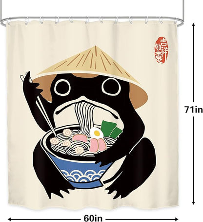 LGhtyro Funny Frog Shower Curtain Bathroom Set 60Wx71H Inches Retro Cute Animal Asian Traditional Japanese Style Noodles Strawhat Vintage Bath Accessories Children Art Home Decor Fabric 12 Pack Hooks