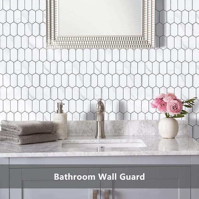 Vamos Tile Long Hexagon Peel and Stick Backsplash Tile - 10 Sheets Stick on Backsplash for Kitchen and Bathroom 12.4 x 12 Inch White Marble Look PVC Mixed Metal Silver Self Adhesive Mosaic Wall Tiles