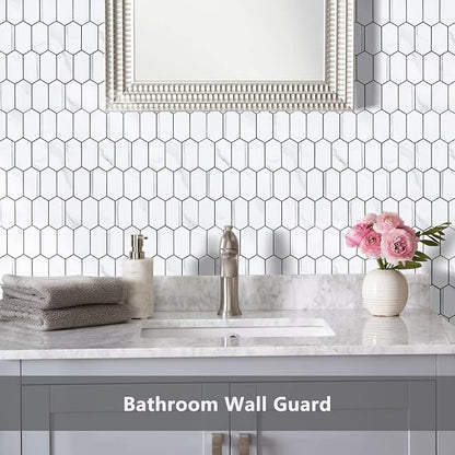 Vamos Tile Long Hexagon Peel and Stick Backsplash Tile - 10 Sheets Stick on Backsplash for Kitchen and Bathroom 12.4 x 12 Inch White Marble Look PVC Mixed Metal Silver Self Adhesive Mosaic Wall Tiles