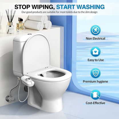 Non-Electric Bidet Attachment, Self-Clean Dual Nozzles, Adjustable Pressure | Ultra Slim Intuitive One-Touch, Retractable Nozzle Structure, Cold Water Rear & Feminine Washing Modes, Stainless Steel Iniet