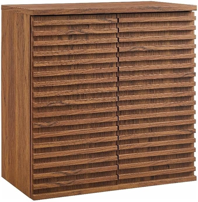 Modway Render Wall Mounted Bathroom Cabinet in Walnut - 23.5 Inch Compact Wall Storage with Slatted Doors and Adjustable Shelves for Bathroom or Laundry Room