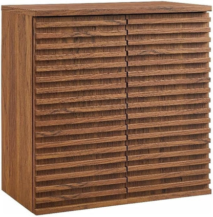 Modway Render Wall Mounted Bathroom Cabinet in Walnut - 23.5 Inch Compact Wall Storage with Slatted Doors and Adjustable Shelves for Bathroom or Laundry Room