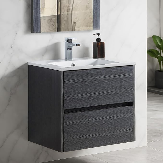 Blossom 24 Inch Bathroom Vanity with Sink - All Wood Floating Vanity Cabinet with Ceramic Sink - 2 Soft-Closing U-Shaped Cutout Drawers - Modern Bathroom Storage Vanities, Silver Grey Finish