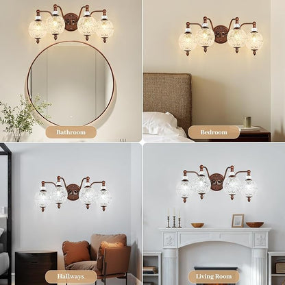 Vintage Bathroom Vanity Light, 4-Light Antique Red Bronze Finish Wall Sconce with Globe Glass Shades, Retro Mirror Light for Bathroom, Powder Room
