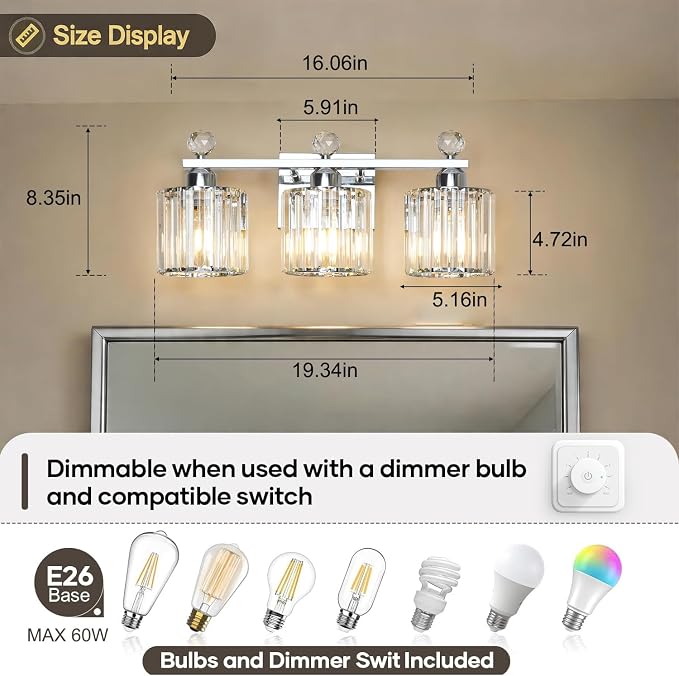 Lxybcce Modern Crystal Bathroom Vanity Light, 3-Lights Bathroom Light Fixtures, 19.34In Chrome Vanity Light Fixtures Over Mirror, Easy Installation & Dimmable Lighting