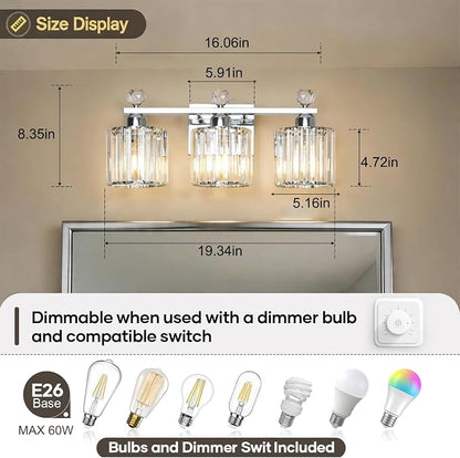 Lxybcce Modern Crystal Bathroom Vanity Light, 3-Lights Bathroom Light Fixtures, 19.34In Chrome Vanity Light Fixtures Over Mirror, Easy Installation & Dimmable Lighting