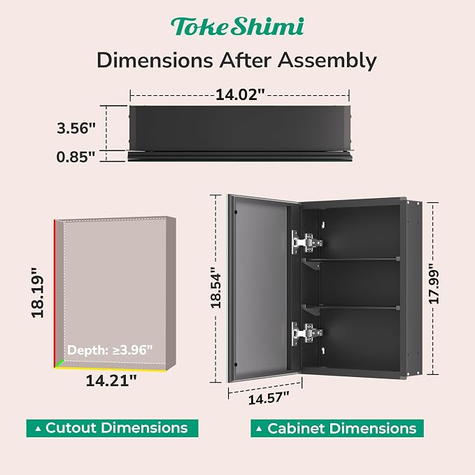 TokeShimi 14 x 18 Black Medicine Cabinet, Aluminum Mirror Medicine Cabinet Wall Mounted or Recessed with Stepless Adjustable Amply Storage