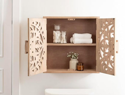 Kate and Laurel Saanvi Traditional Carved Wood Wall Cabinet, 20 x 6 x 20, Light Natural, Dimensional Over The Toilet Storage Cabinet for Bathroom Storage and Display