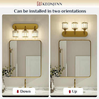 Keonjinn 5-Light Crystal Bathroom Light Fixtures Over Mirror, Gold | Vanity Lighting Fixture with Square Shades, Dimmable, Modern Style, Compatible with E26 Base LED Bulbs (Blub Not Included)