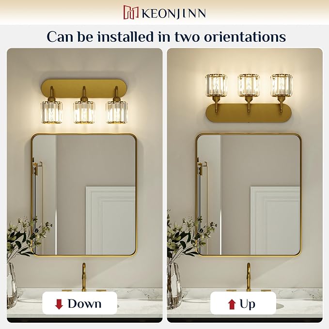 Keonjinn 3-Light Gold Bathroom Light Fixtures Over Mirror, Crystal | Vanity Lighting Fixture with Square Shades, Dimmable, Vintage Style, Compatible with E26 Base LED Bulbs (Blub Not Included)