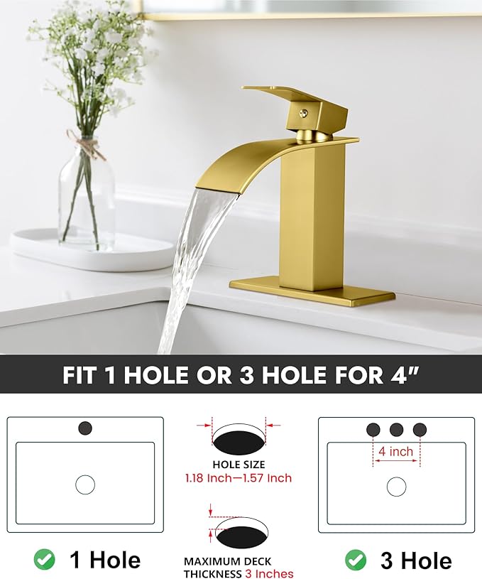 Midanya Waterfall Spout Bathroom Faucet Single Handle 1 Hole Bathroom Sink Faucet,Modern RV Lavatory Vanity Basin Tap with Water Hose,No Drain,Short Body,Brushed Gold