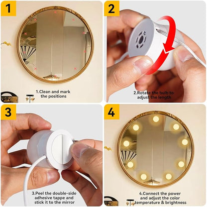 LED Vanity Mirror Lights 10, 3-Color Dimmable Stick-On Makeup Light USB | 3000K/4000K/6500K 3-Color, 10-Level Dimming, No-Drill Adhesive Mount, 5V USB Powered, Adjustable 0.4-10" Spacing, 10 Lights