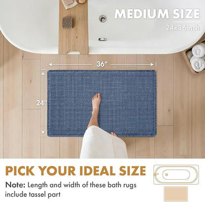 MIULEE Set of 2 Waffle Bathroom Rugs Boho Bath Mat Blue 24x36 Inch | Non Slip, Super Absorbent, Washable, Ultra Soft, Rubber Backed, Large Bath Rugs for Bathroom Floor Tub Shower