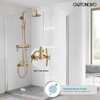 gotonovo Exposed Shower System with Shelf 2 Cross Handle Antique Brass | Bathroom Brass Shower Faucet Set,8’’ Rainfall Head with Handheld Sprayer,SUS304 Shelf,6’’ Hole Distance,Adjustable Height