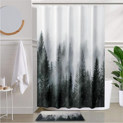 ORTIGIA 60x72 Misty Forest Stall Shower Curtain for Small Bathroom, Dark Green Narrow Nature Woodland Shower Curtain Set with Hooks, Waterproof Fabric Pine Tree Fog Magic Home Bath Curtain