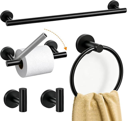 5 Piece Matte Black Bathroom Hardware Accessories Set, 24" Towel Bar Set | Bathroom Towel Rack Set with Wall Mounted SUS304 Stainless Steel , Double Post Toilet Paper Holder, Towel Ring & Robe Hooks