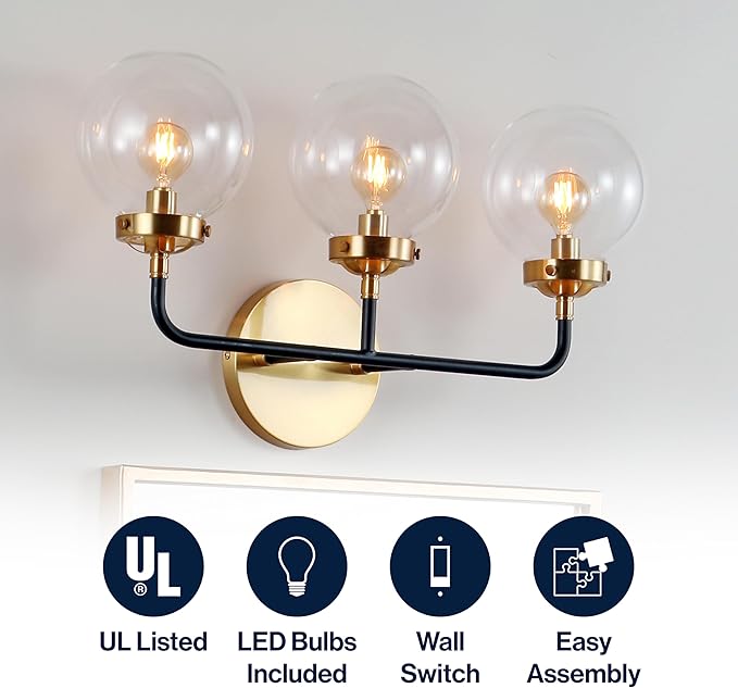JONATHAN Y 22" Black/Brass Gold 3-Light LED Wall Sconce Vanity Lighting, Clear Glass Globe Shade Modern Contemporary Sconce for Bathroom Mirror, Hallway, UL Listed (JYL9011A)