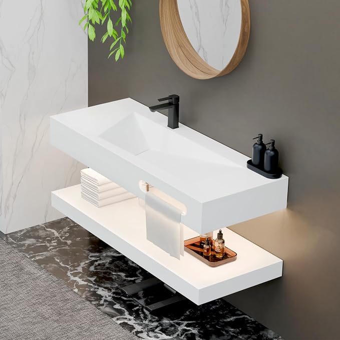 48"x19" Wall Mount Bathroom Vanity with LED Smart Sensor Light, Stone Resin Floating Vanity Sink Rectangular Vessel White Trough Art Basin with Shelf Layer