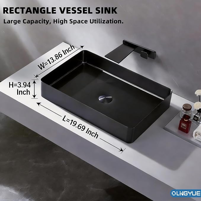 Black Rectangular Bathroom Vessel Sink: 20"x14" Modern Vanity Washbasin | Above Counter Lavatory Basin with Stainless Stee PVD Coating Pop Up Drain for Home Hotel Office Toilet Renovation Decoration