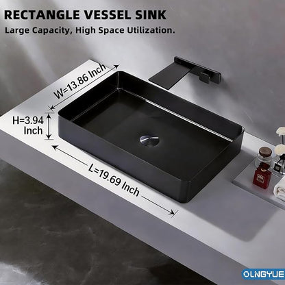 Black Rectangular Bathroom Vessel Sink: 20"x14" Modern Vanity Washbasin | Above Counter Lavatory Basin with Stainless Stee PVD Coating Pop Up Drain for Home Hotel Office Toilet Renovation Decoration
