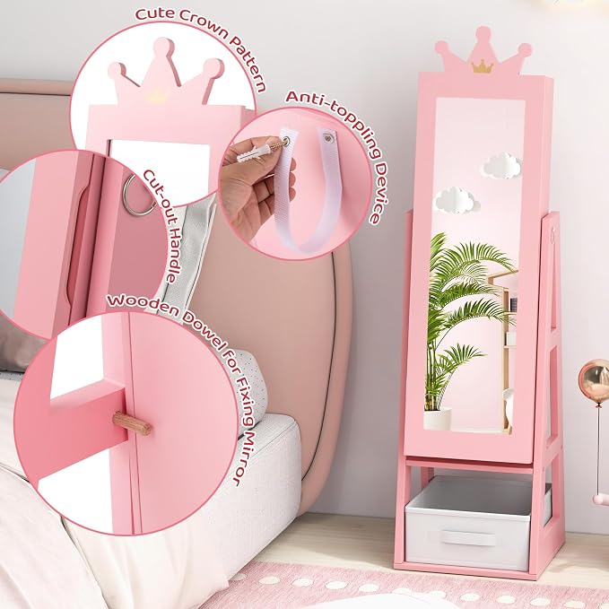 CHARMAID Kids Standing Jewelry Armoire - 45.5'' Pink Jewelry Cabinet with Full Length Mirror, Storage Drawer, Back Shelf and Kids Jewelry Organizer Box Vanity Dressing Mirror for Girls