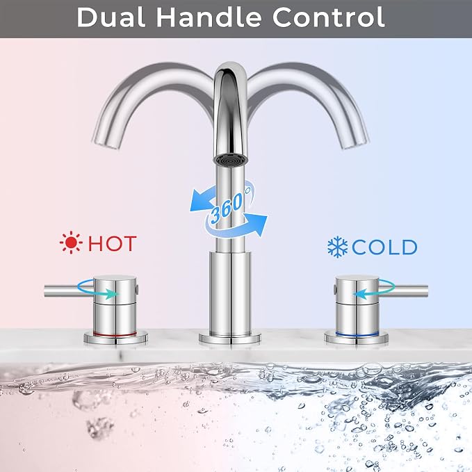 Chrome 8 Inch Widespread Bathroom Faucet 3 Hole with Pop-up Drain | 2 Handle, 8 Inch 3 Hole Sink, 360° Swivel Spout, RV Vanity, Quick Connect, Supply Hoses, NSF372 NSF61 cUPC