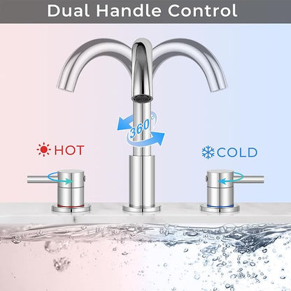 Chrome 8 Inch Widespread Bathroom Faucet 3 Hole with Pop-up Drain | 2 Handle, 8 Inch 3 Hole Sink, 360° Swivel Spout, RV Vanity, Quick Connect, Supply Hoses, NSF372 NSF61 cUPC