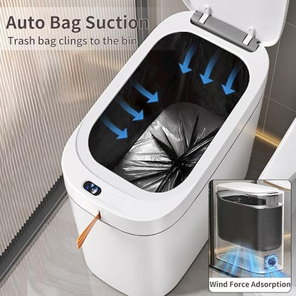 Touchless Bathroom Trash Can, 3.5 Gallon Small Slim Motion Sensor Automatic Garbage Bin with Lid, Rechargeable with Auto Bag Adsorption & One-Pull Sealing Trash Bin for Kitchen, Bedroom Office RV