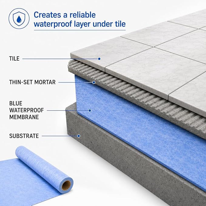 Shower Waterproofing Membrane Roll, 3.3x33 FT, 108 Sq Ft, 23.6 Mil | Blue HDPE membrane for tile shower walls, floors, bathrooms and saunas; bonds with thin-set mortar for reliable installation