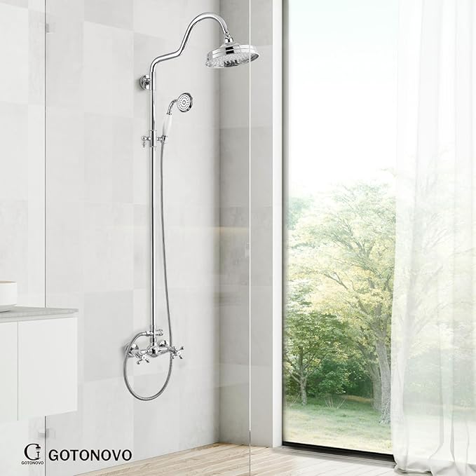 gotonovo Luxury Exposed Shower Faucet Set Bathroom Shower System 8 Inch Wall Mount Rainfall Shower Head with Handheld Spray Cross Double Handle Shower Fixture Adjustable Arc Rod Polish Chrome