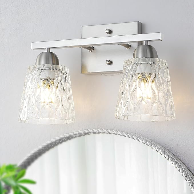 Mecgirn Stainless Steel Bathroom Vanity Light Over Mirror, 2 Light Brushed Nickel Bathroom Light Fixtures with Textured Glass Shades, Modern Vanity Lighting Wall Mount
