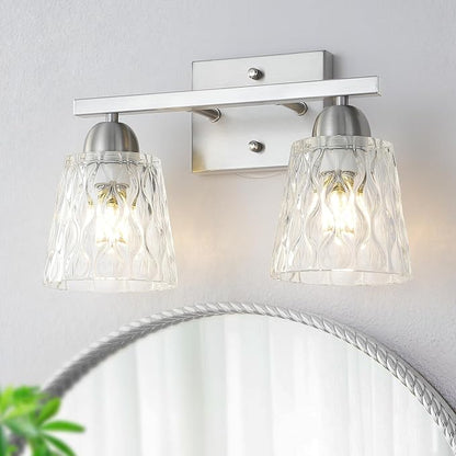 Mecgirn Stainless Steel Bathroom Vanity Light Over Mirror, 2 Light Brushed Nickel Bathroom Light Fixtures with Textured Glass Shades, Modern Vanity Lighting Wall Mount