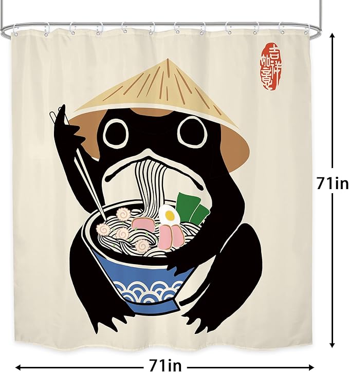 LGhtyro Funny Frog Shower Curtain Bathroom Set 71Wx71H Inches Retro Cute Animal Asian Traditional Japanese Noodles Strawhat Vintage Bath Accessories Kids Children Art Home Decor Fabric 12 Pack Hooks